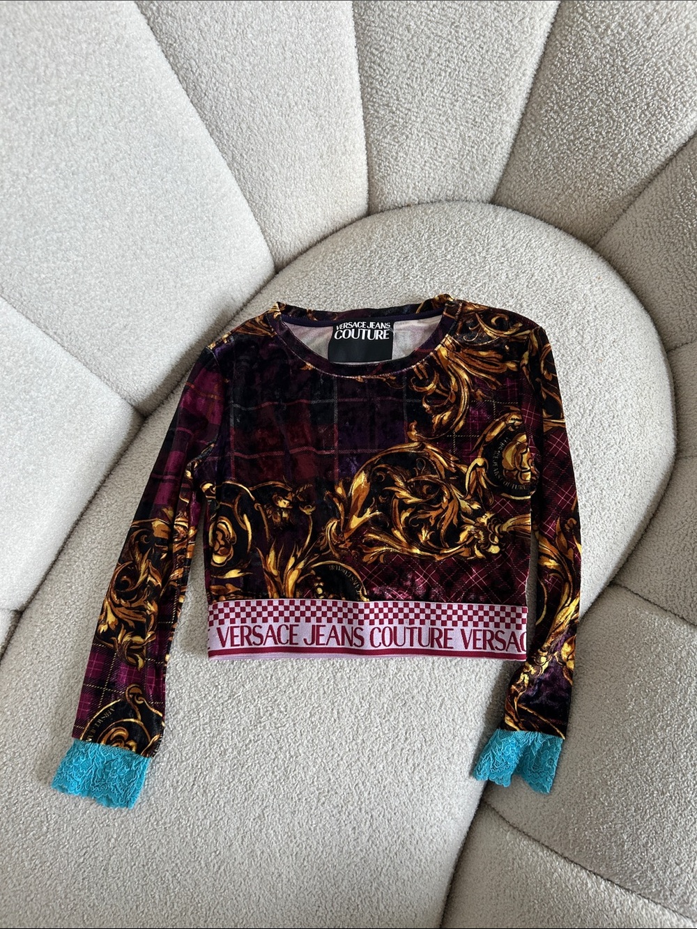 Versace Jeans Couture Purple Gold Baroque Plaid Top